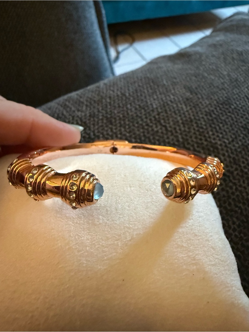 NWOT Rose gold hinged Open Cuff Bracelet with Blue Crystal Accents